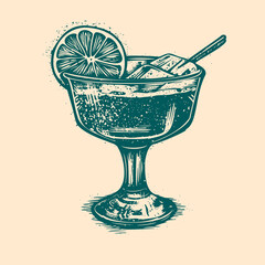 Cocktail illustration. Woodcut engraving style hand drawn vector illustration. Optimized vector.	
