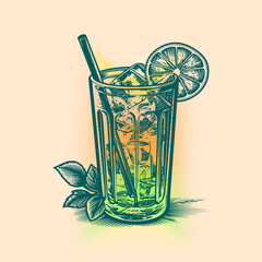 Cocktail illustration. Woodcut engraving style hand drawn vector illustration. Optimized vector.	
