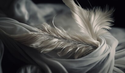  a white feather is laying on a white sheet on a bed.  generative ai
