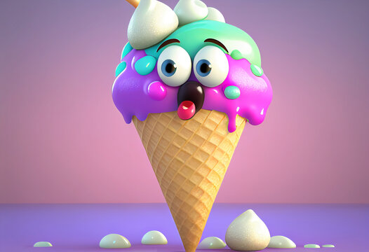 Funny ice cream character on blue background. 3D Rendering generative ai