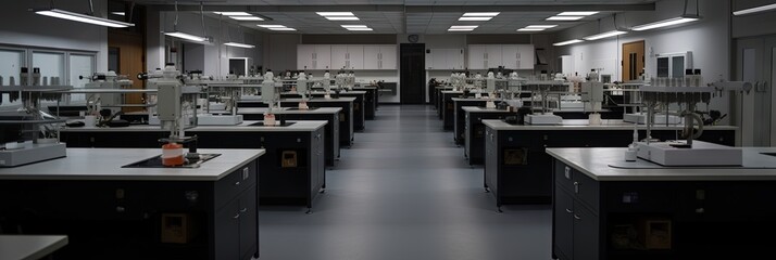 Scientific research lab empty with no people in the building by generative AI
