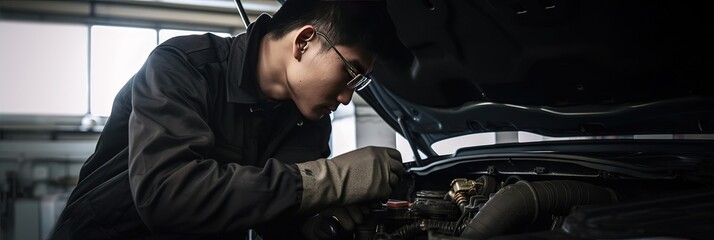 Male mechanic working under the hood of a car