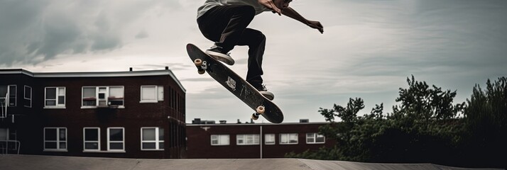 skater jumping with a kickflip on his skateboard action shot