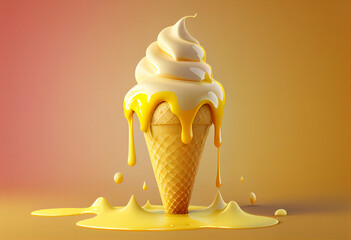 ice cream with chocolate and caramel on a yellow background. 3d rendering generative ai