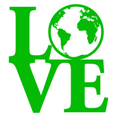 Logo Earth Day. Letras palabra Love en texto manuscrito con silueta de mapa de la tierra en lugar de letra o