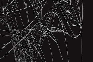 White pattern of crooked threads on a black background. Abstract fractal 3D rendering
