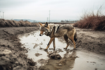 A coyote stalks through a polluted riverbed in search of prey. Despite the contaminated environment, this resilient predator persists in its search for food and survival. Generative AI - obrazy, fototapety, plakaty