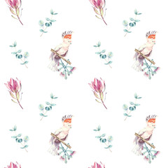 Watercolor seamless pattern with parrot cockatoo and australian plant