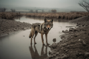 A coyote stalks through a polluted riverbed in search of prey. Despite the contaminated environment, this resilient predator persists in its search for food and survival. Generative AI