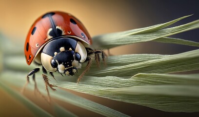  a lady bug sitting on top of a green plant leaf.  generative ai