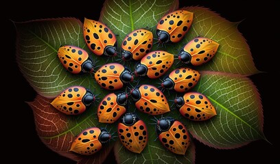  a group of ladybugs sitting on top of a green leaf.  generative ai