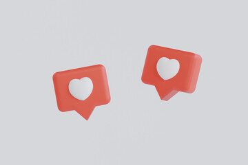 Red speech bubbles and hearts on white background. Blank 3D text bubbles for business design. 3D render illustration.