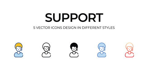 Support Icon Design in Five style with Editable Stroke. Line, Solid, Flat Line, Duo Tone Color, and Color Gradient Line. Suitable for Web Page, Mobile App,UI,UX, and GUI design