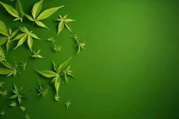 Cannabis marijuana leaves falling on a green background. Generative ai