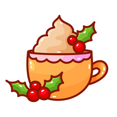 Hot chocolate mug, decorated with Christmas decorations, great for decor, mug with candy on a white background