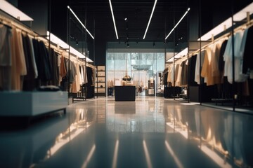 modern clothing boutique with sleek, minimalist decor. The boutique features racks of stylish clothing and accessories, with a few mannequins posed in the foreground Generative AI
