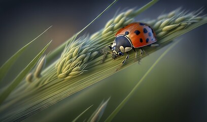  a lady bug sitting on top of a green stalk of grass.  generative ai