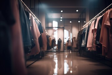 modern clothing boutique with sleek, minimalist decor. The boutique features racks of stylish clothing and accessories, with a few mannequins posed in the foreground Generative AI