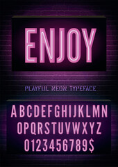 Enjoy neon box sign with pink narrow alphabet on dark brick wall background. Vector illustration