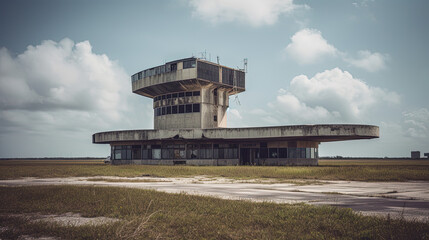 Old airport control tower. Generative AI - obrazy, fototapety, plakaty
