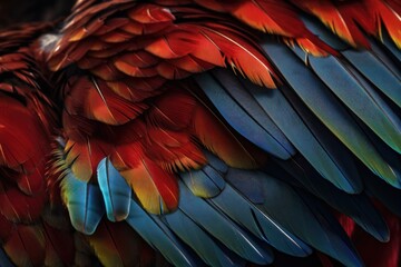 Obraz premium Close up of Scarlet macaw bird's feathers. AI generated