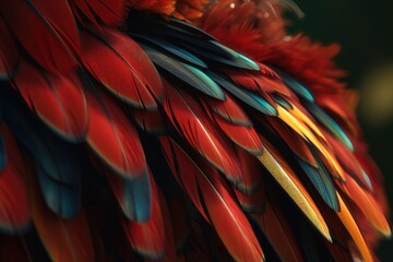 Obraz premium Close up of Scarlet macaw bird's feathers. AI generated