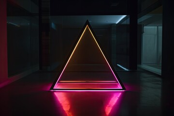 Vibrant Neon Triangle Sign Illuminated in the Dark. Generative AI.