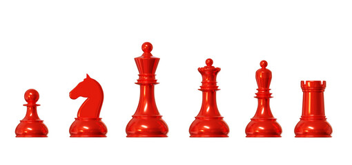 3d red chess pieces set of king, knight, queen, rook, bishop and pawn on isolated background. Chess Strategy for Business Leadership and Team Success Concepts. 3d rendering illustration. © Игорь Жуков