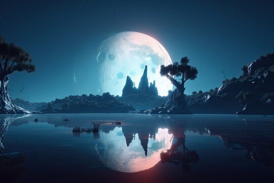 Futuristic fantasy night landscape with abstract landscape and island, moonlight, radiance, moon, neon. AI generated