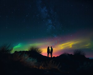 Fototapeta premium Star-Crossed Lovers Embrace Under Celestial Glow of Constellations. Generative AI.