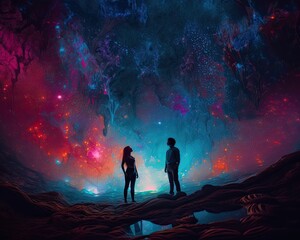 Star-Crossed Lovers Embrace Under Celestial Glow of Constellations. Generative AI.