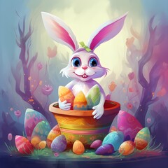easter bunny with basket of eggs, vibrant forest, trees, colorfull, easter bunny holding a basket, Generative AI, Generatieve Art, generative art, AI