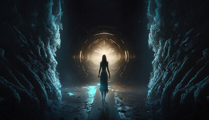 Little girl in front of the entrance to the surreal astral world. Wandering in dreams through portals. Generative AI.
