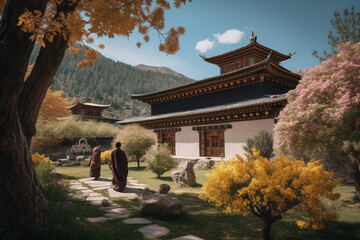 a serene temple inhabited by monks nesteled between mountains and crowned by pink cherry blossom trees