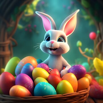 easter bunny with eggs in a cave, trees and vines, cartoony style, rayman style, vibrant colors, Generative AI, Generatieve Art, generative art, AI