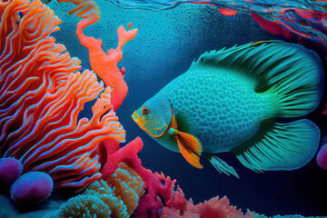 Sea Reef Snorkeling, Multicolored Coral and Fishes, , Coral Fish Drawing Imitation, Abstract Generative AI Illustration