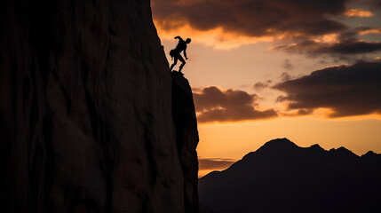 Naklejka premium A silhouetted mountain climber on a gigantic cliff face lit by the setting sun, the sky shades of orange and blue - Generative AI