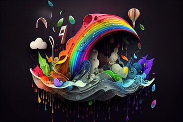 Rain Music Collage, Rainbow Melody, Classic Musical Surreal Poster, Weather, Abstract Generative AI Illustration
