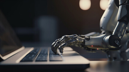 Robo advisor , chatbot , robotic concept. Robot finger point to laptop button. Generative Ai