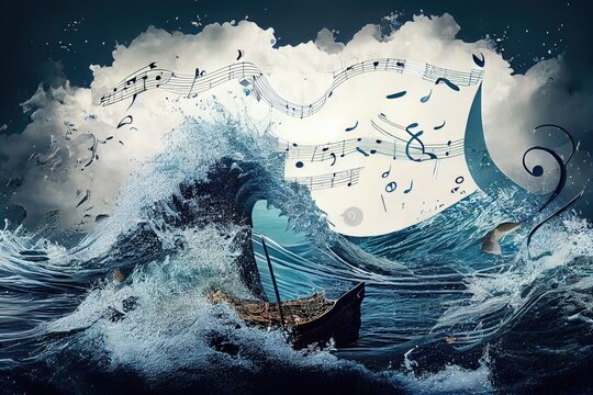 Ocean Music Collage, Storm Melody, Sea Waves Sounds, Abstract Generative AI Illustration
