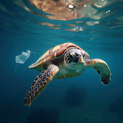 Obraz premium Giant sea turtle swimming in a sea, Generative IA of trash