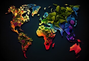 World map covered with plants. The concept of protecting nature. Illustration by Generative AI.