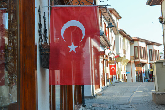 Turkish National flags in the historical streets around Hacibayram Mosque in Ulus district - Ankara, Turkey