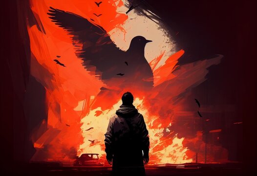 A flying dove against the backdrop of a burning city. In the foreground, a silhouette of a man. Illustration by Generative AI.