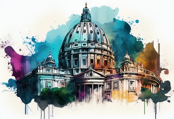 St. Peter's Basilica, Vatican. Watercolor style illustration by Generative AI. - obrazy, fototapety, plakaty