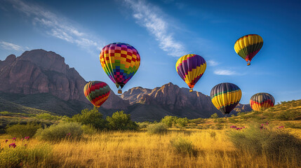 Obraz premium Colorful hot air balloons flying over mountain. Generative Ai