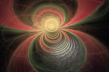 Red green pattern of crooked waves with a sphere on a black background. Abstract fractal 3D rendering