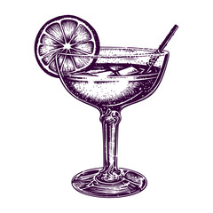 Cocktail illustration. Woodcut engraving style hand drawn vector illustration. Optimized vector.	
