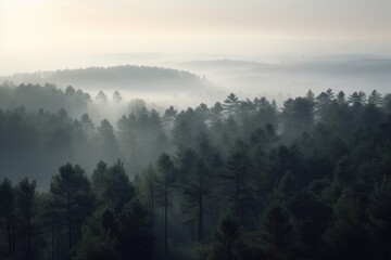Obraz premium pine forest in the mountains, blanketed in morning mist. The trees rise tall and straight, with their branches covered in needles that are tinged with dew Generative AI