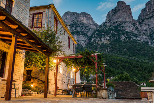 Evening in traditional mountain greek village Papingo Mikro near Vikos Gorge, Greece